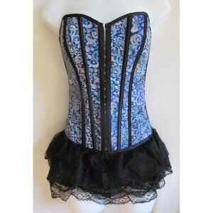 Blue Jacquard Black Lace Ruffled Long Line Corset Bustier Set - NEW